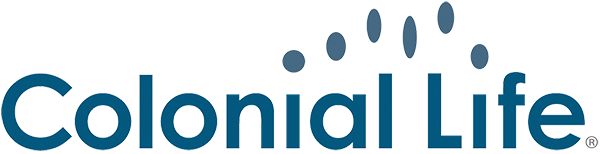 Colonial Life logo featuring the text 'Colonial Life' in blue font with five blue ovals above it in a curved arrangement. A registered trademark symbol appears next to 'Life'.