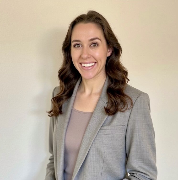 Dr. Sierah Samway wearing a gray blazer and a brown inner against a light background.